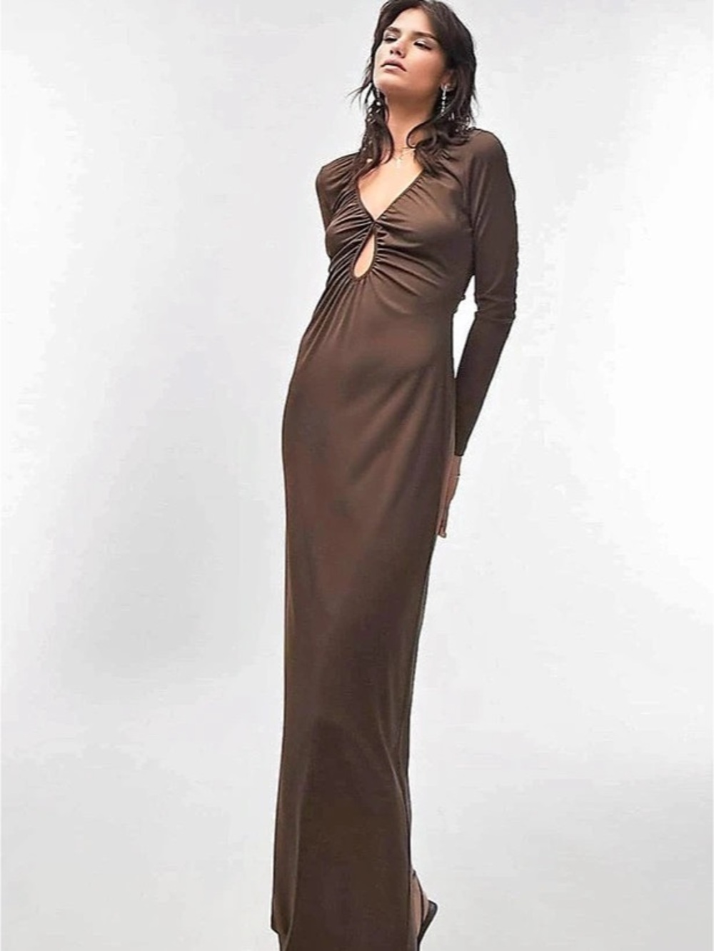Topshop long sleeve keyhole midi dress in brown size S